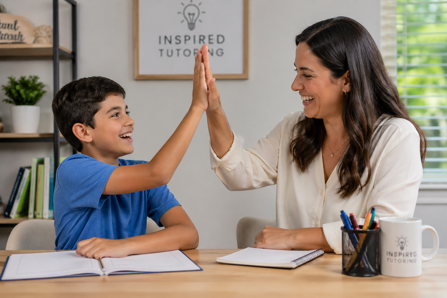 Tutor and student high-fiving during tutoring session